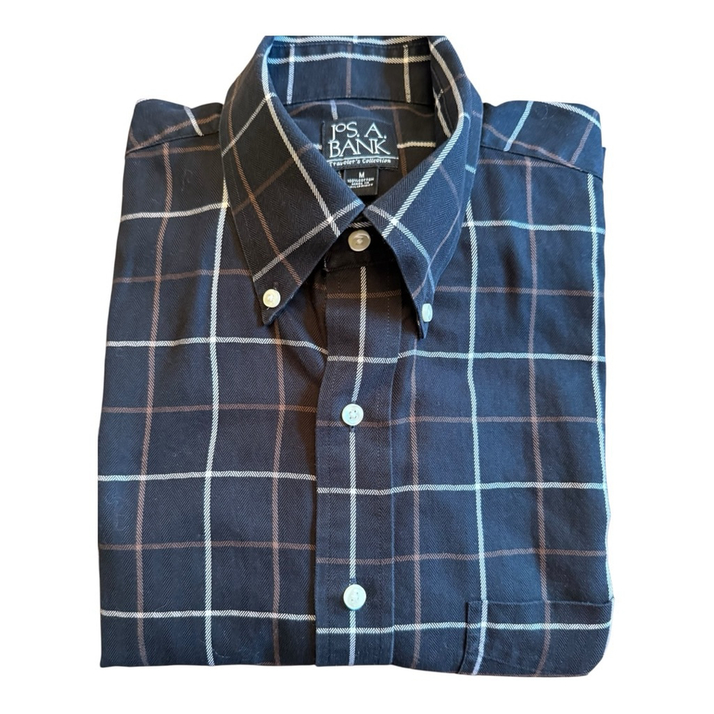 Men's Jos. A. Bank Travelers Black White Brown Plaid Casual Button Down Shirt M